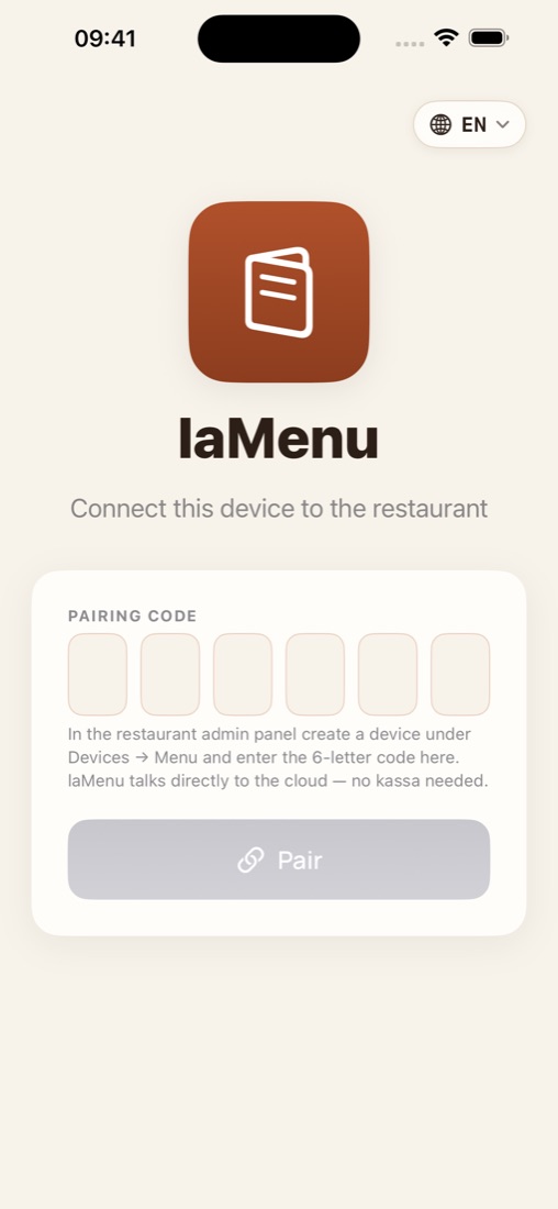 laMenu on iPhone: pairing the device with a restaurant